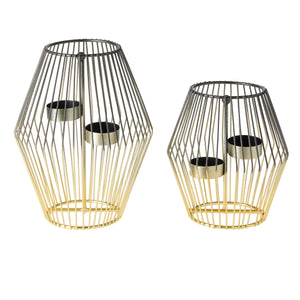 2 Piece Diamond Shaped Metal Tealight Candle Holder Centerpiece, 2-Tone Gold and Black Candle Holders (2 Sizes)