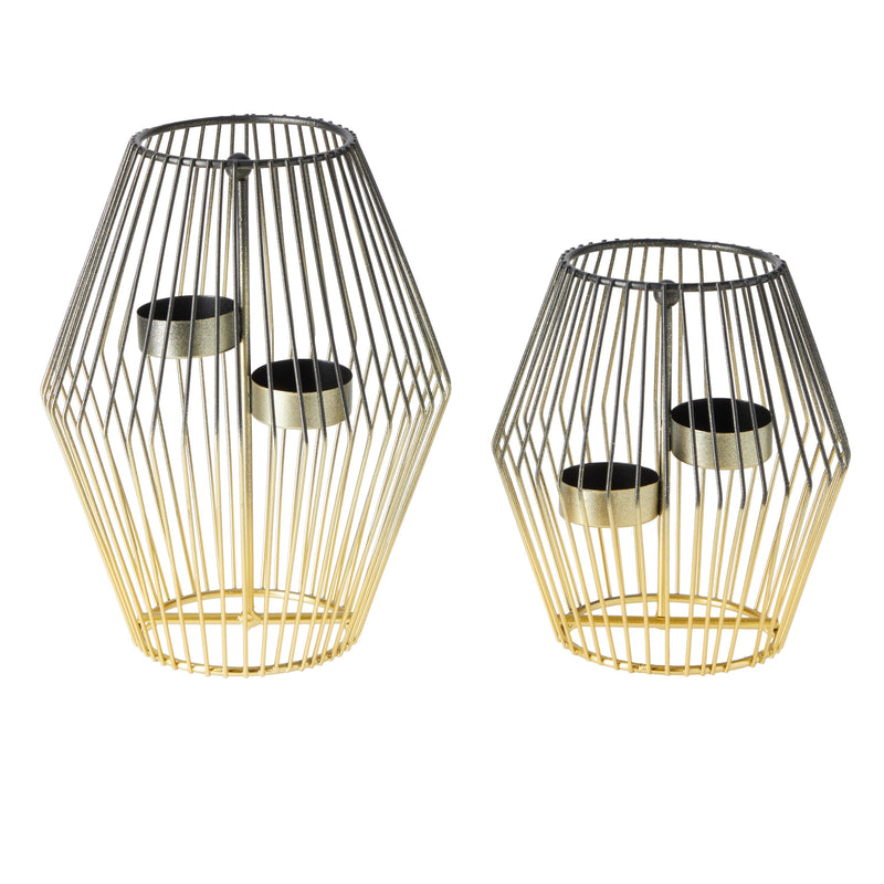 2 Piece Diamond Shaped Metal Tealight Candle Holder Centerpiece, 2-Tone Gold and Black Candle Holders (2 Sizes)