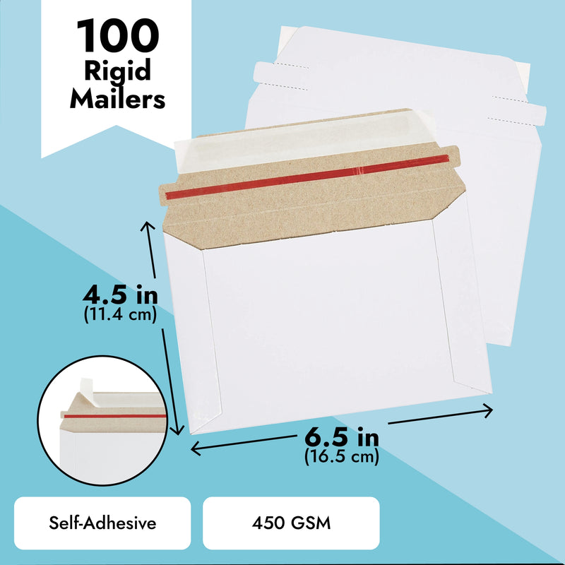 100 Pack 6.5 x 4.5 Rigid Mailers with Self Sealing Flap, Bulk Stay Flat Cardboard Envelopes for Shipping Postcards, Photos (White)
