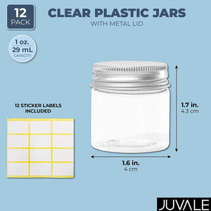 Juvale 1oz Mini Round Clear Plastic Jars with Metal Lids and Labels, Cosmetic Travel Containers for Storing Cosmetic, Lotions and Ointments, 12 Pack