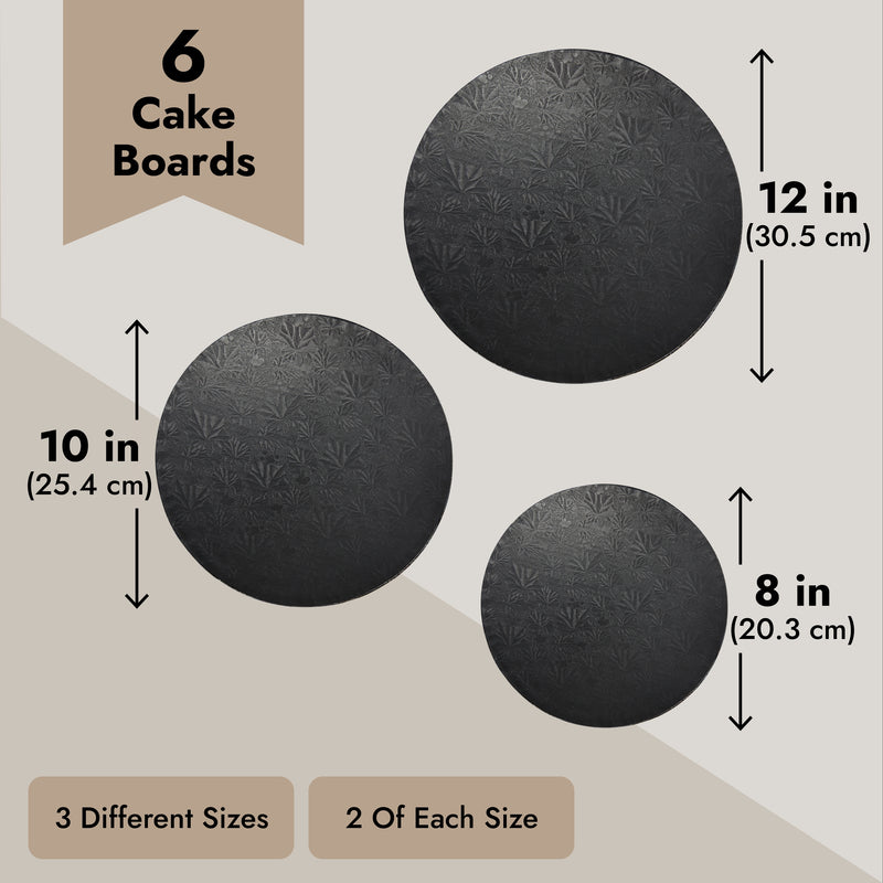 Set of 6 Black Cake Drums, 8, 10 and 12 Inch Round Boards Variety Pack for Baking