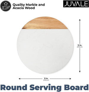 Round Wood and Marble Serving Tray - Stone Cutting Board for Cheese, Charcuterie, Kitchen Counter (White, 11 Inch)
