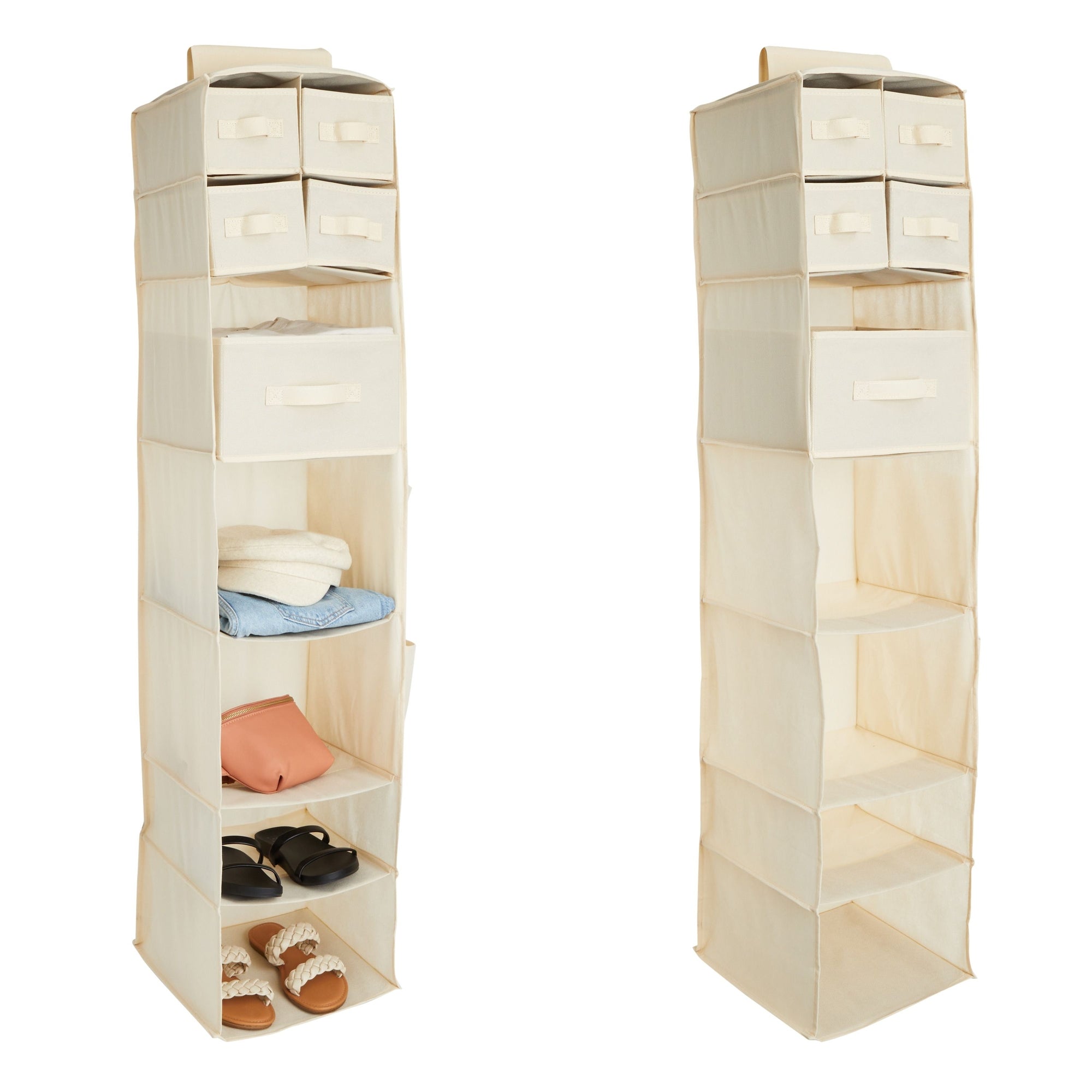 2-Pack 7-Shelf Hanging Closet Organizer with 5 Drawers, 4 Shelves, and 4 Side Pockets, Foldable Non-Woven Cloth Storage for Bedroom and Hallway