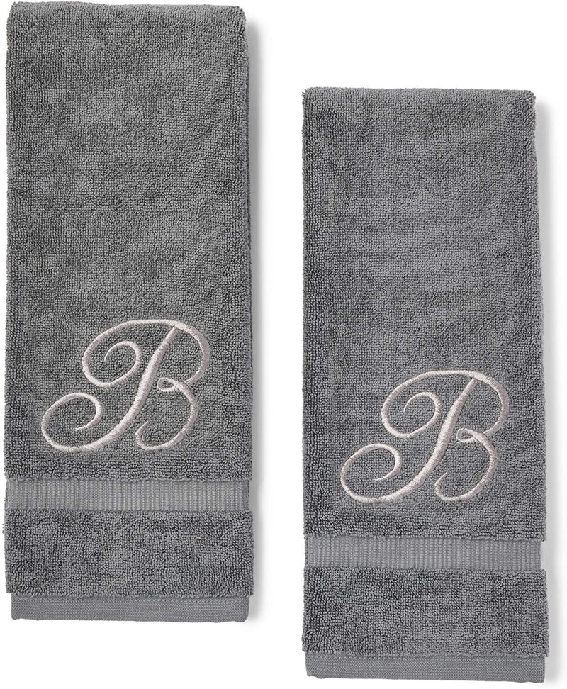 2 Pack Letter B Monogrammed Hand Towels, Gray Cotton Hand Towels with Silver Embroidered Initial B for Wedding Gift, Bridal Shower, Baby Shower, Anniversary (16 x 30 Inches)