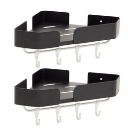 Bathroom Corner Shelves with Hooks, Wall Mounted Shower Caddy (12.5 x 8.2 In, Black, 2 Sets)