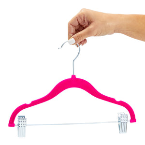 24 Pack Hot Pink Velvet Hangers with Clips for Kids, Baby Nursery, Children's Closet, Dresses, Shirts, Pants, Skirts, Ultra Thin, Nonslip, Space-Saving (12 Inches)