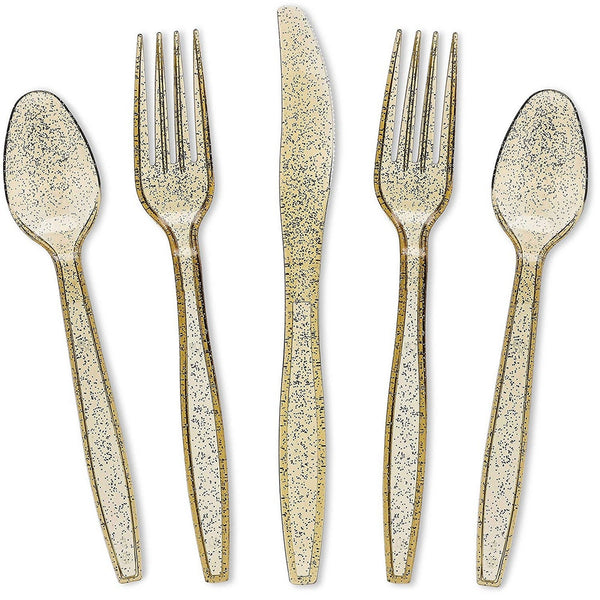 144 Pack Gold Glitter Plastic Silverware for Wedding Party Supplies, Cutlery Includes Forks, Spoons, and Knives (Serves 48)