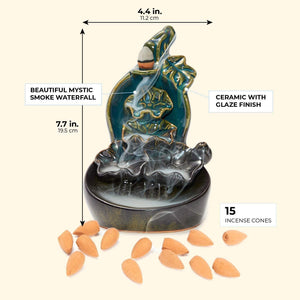 Ceramic Backflow Flower Waterflow Incense Burner with 15 Cones (4.4 x 7.7 Inches)