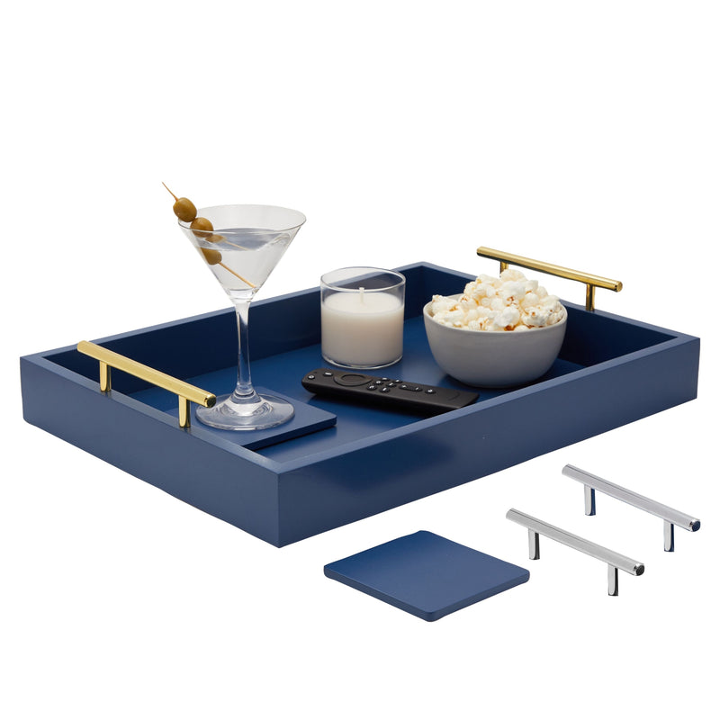 Blue Serving Tray for Coffee Table, 16x12" with Coasters, Decorative Interchangeable Gold and Silver Handles