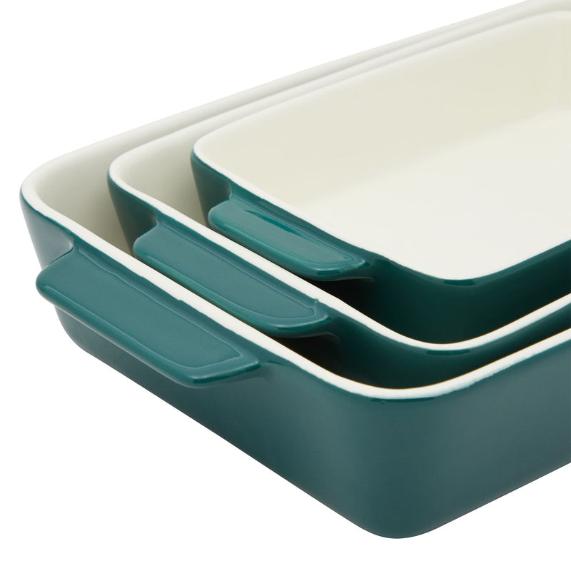 3 Piece Green Ceramic Bakeware Set - Rectangular Baking Dishes for Oven, Serving Casseroles, Kitchen (3 Sizes)