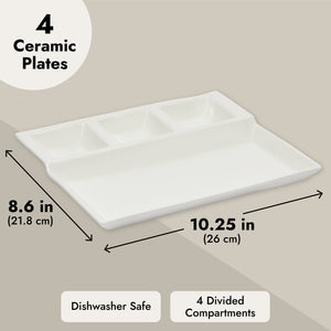 4 Pack White Ceramic Divided Plates with Sauce Compartments - Porcelain Serving Tray for Appetizers, Dumplings, Fondue (10.25x8.6 in)