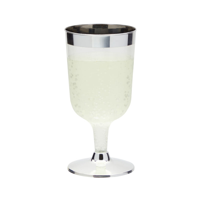 50 Pack 7 Oz Clear Plastic Wine Glasses for Parties, Silver Rimmed Goblet Cups with Stems for Weddings