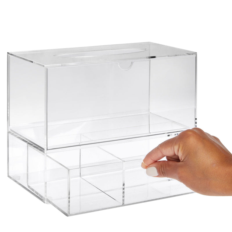 Clear Tissue Box Holder with Pull Out Drawer, Rectangle Dispenser Tissue Box Cover and Cosmetic Organizer for Bathroom (9.3 x 7 x 5 In)