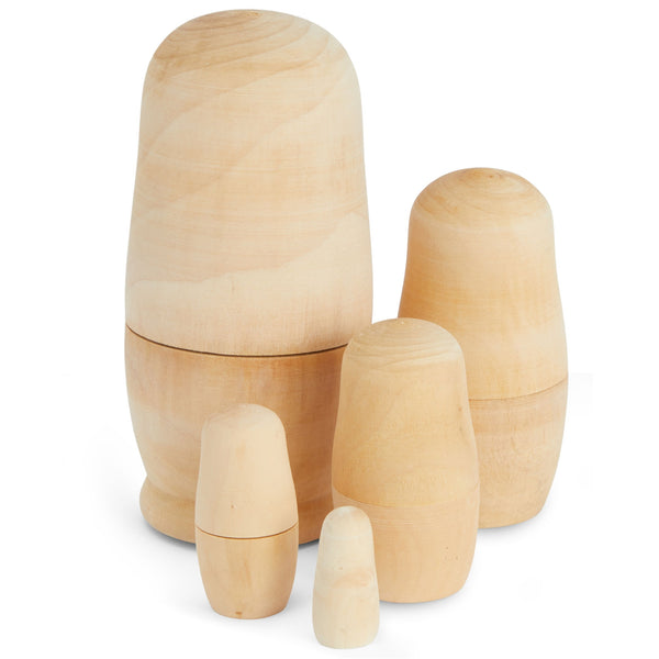 5 Piece Set of Unpainted Blank Russian Nesting Dolls for DIY Crafts, Art Projects