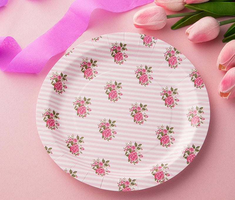 Striped Vintage Floral Party Bundle, Includes Plates, Napkins, Cups, and Cutlery (24 Guests,144 Pieces)