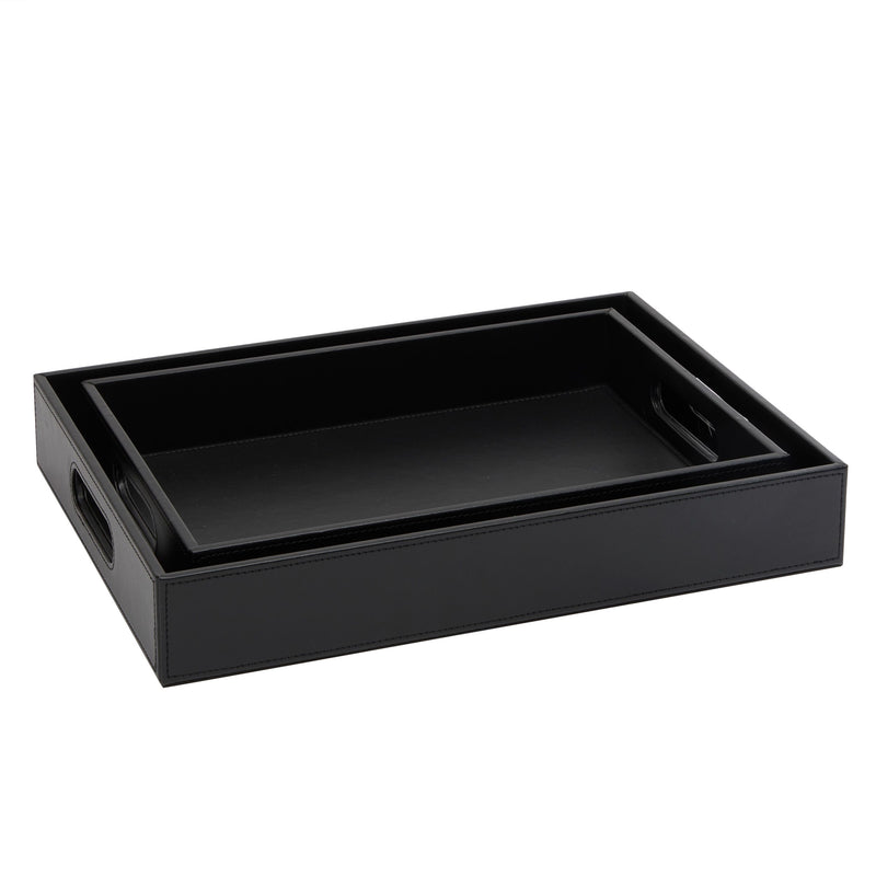 2-Pack Wooden Nesting Serving Tray Set with Stitched Faux Leather Skin and 2 Handles, Slip-Resistant Breakfast Service Tray in 2 Sizes (13.8x9.9x2.3 and 15.8x12x2.5 in, Black)