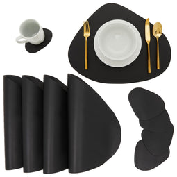 Set of 4 Wedge Placemats with Matching Coasters for Kitchen, Dining Table (Black, Faux Leather, 8 Pieces)