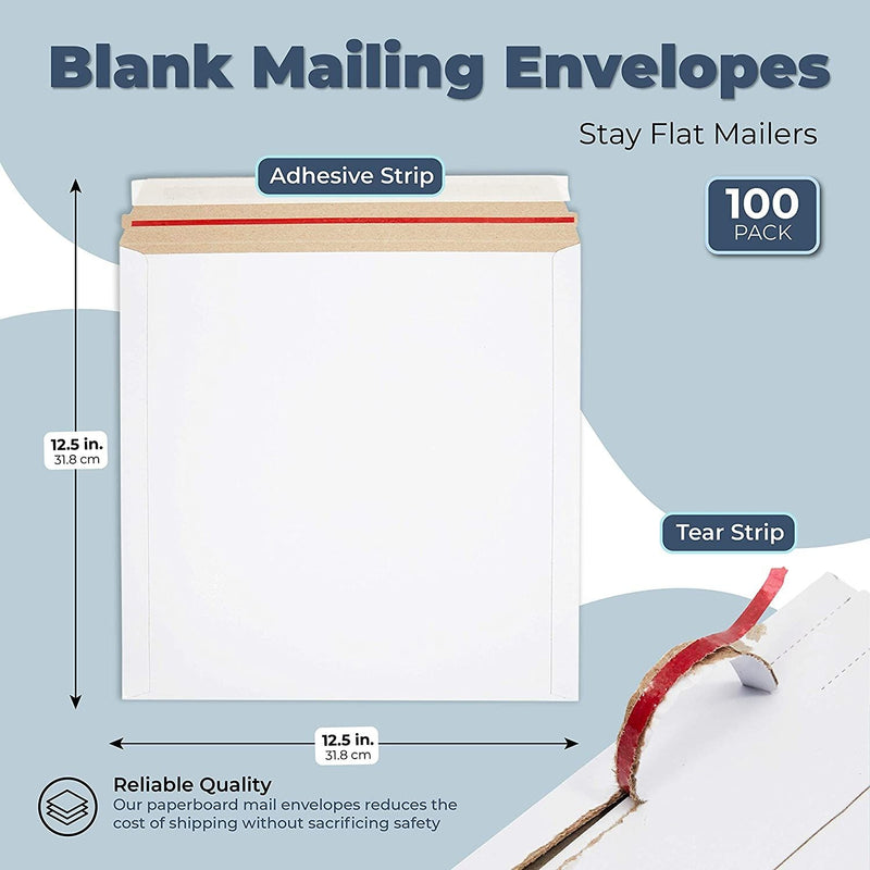 White Rigid Mailing Envelopes, Stay Flat Mailers (12.5 x 12.5 Inches, 100 Pack)