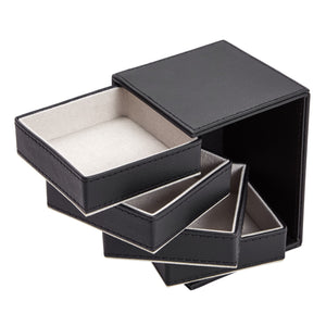 4 Layer Rotating Jewelry Organizer for Men, Women, Small Faux Leather Box for Necklaces, Rings, Earring, Bracelets (Black, 4 x 5 In)