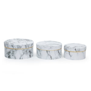 Set of 3 Small Round Gift Boxes with Lids, White Marble Print Cardboard Boxes (3 Sizes)