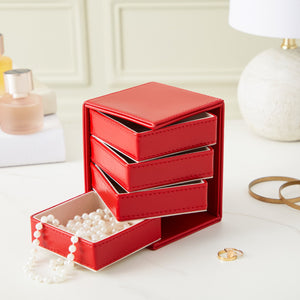 4 Layer Rotating Jewelry Organizer for Men, Women, Small Faux Leather Box for Necklaces, Rings, Earring, Bracelets (Red, 4 x 5 In)