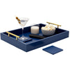 Blue Serving Tray for Coffee Table, 16x12" with Coasters, Decorative Interchangeable Gold and Silver Handles