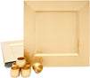 Square Metallic Gold Plastic Charger Plates and Napkin Rings Set (Serves 6)