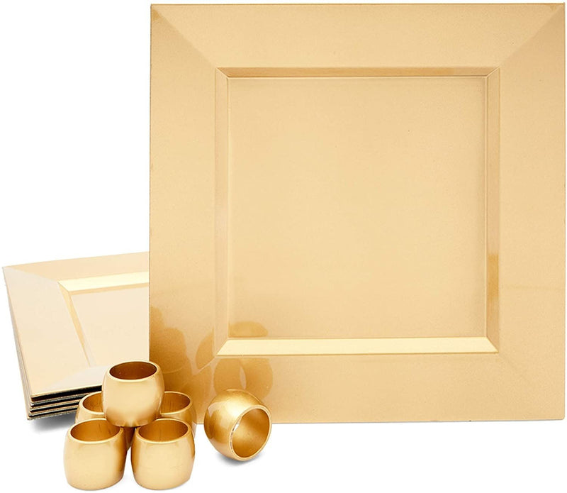 Square Metallic Gold Plastic Charger Plates and Napkin Rings Set (Serves 6)