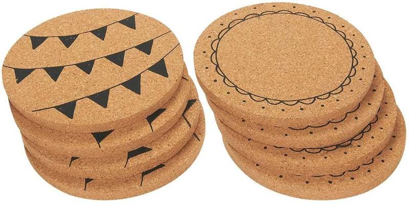 Round Cork Coasters for Drinks, 2 Designs (8 Pack)