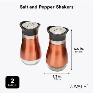 Stainless Steel Copper Salt and Pepper Shakers Set with Glass Bottom, Screw-Off Caps, Perforated "S" and "P" Designs for Kitchen (4oz)