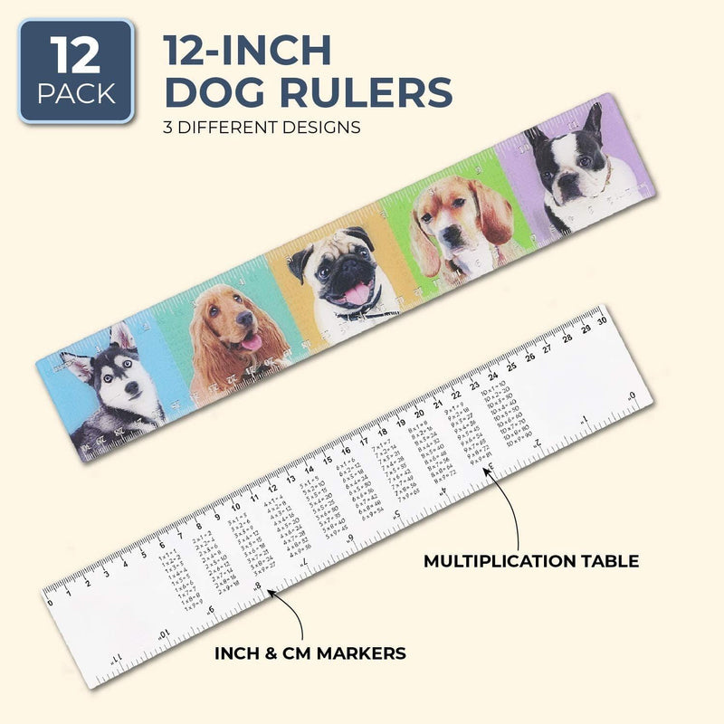 Dog 3D Plastic Rulers for Kids (3 Designs, 12 Pack)