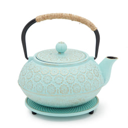 3 Piece Set Light Blue Japanese Cast Iron Teapot - Loose Leaf Tetsubin with Handle, Stainless Steel Infuser, and Trivet (27 oz, 800 ml)