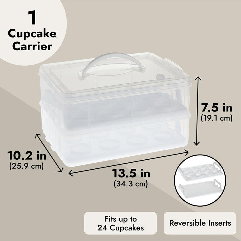 2 Tier Cupcake Carrier for 24 Cupcakes, Transport Container with Lid for Muffins (13.5 x 10.25 x 7.5 In)