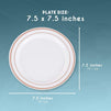 50 Pack of White Plastic Appetizer or Dessert Plates with Rose Gold Rim (7.5 In)