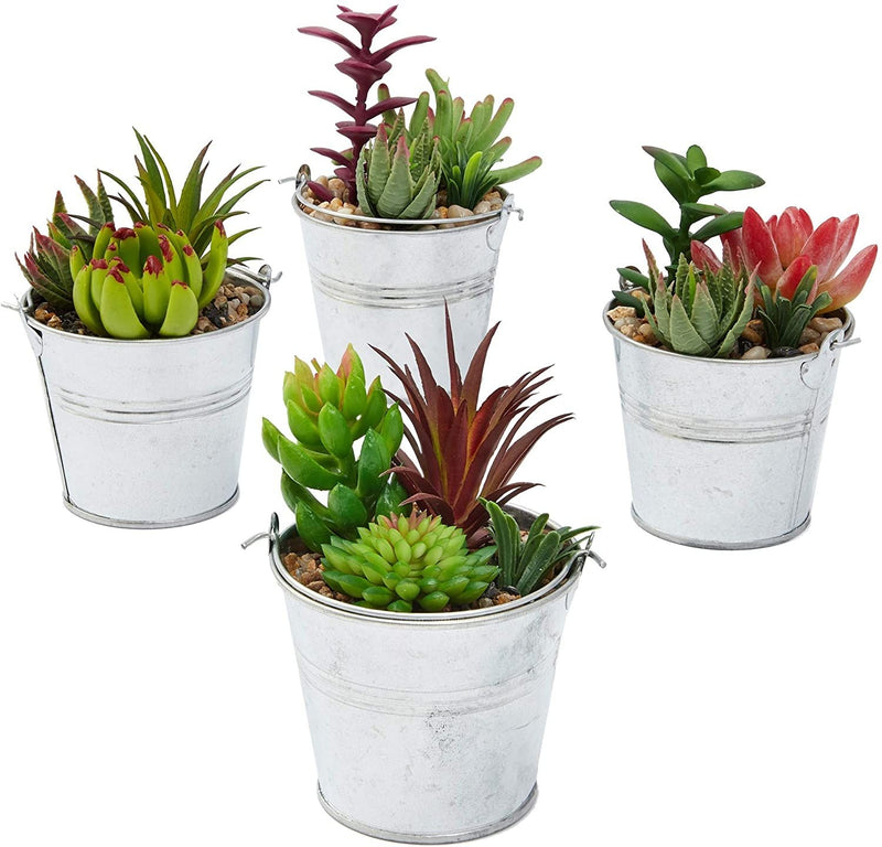 4 Pack Artificial Succulents, Faux Fake Cactus Plants with Iron Bucket for Garden and Patio Decor, 6.5 in.