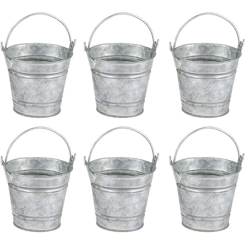 Mini Galvanized Metal Buckets with Handles, Party Favors (3.5 x 3.4 x 3 In, 6 Pack)