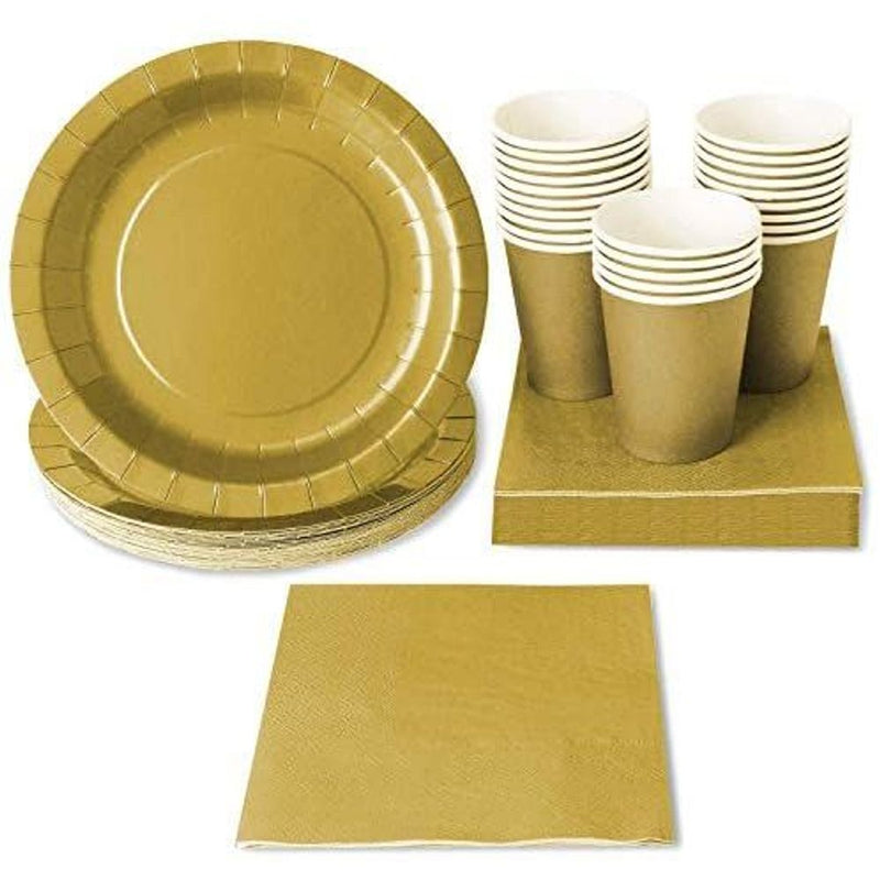 Gold Party Dinnerware Set, Includes Paper Plates, Cups and Napkins (Serves 24)
