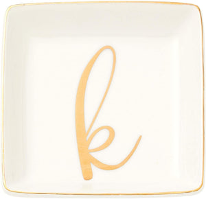 Letter K Ceramic Trinket Tray, Monogram Initials Jewelry Dish (4 x 4 Inches)