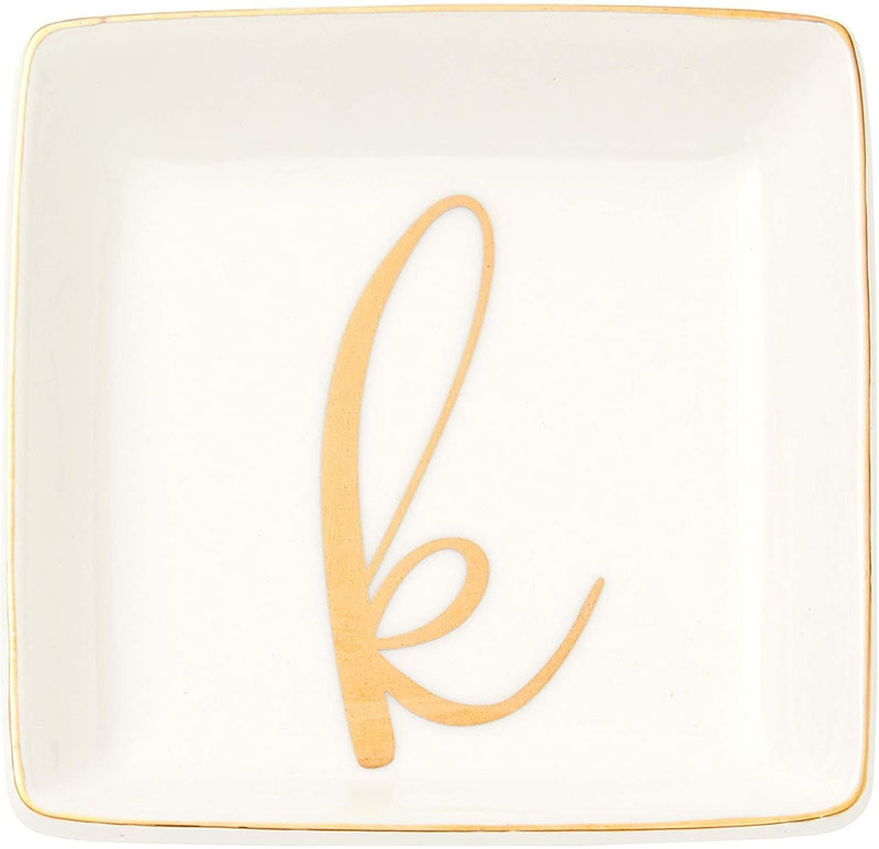 Letter K Ceramic Trinket Tray, Monogram Initials Jewelry Dish (4 x 4 Inches)