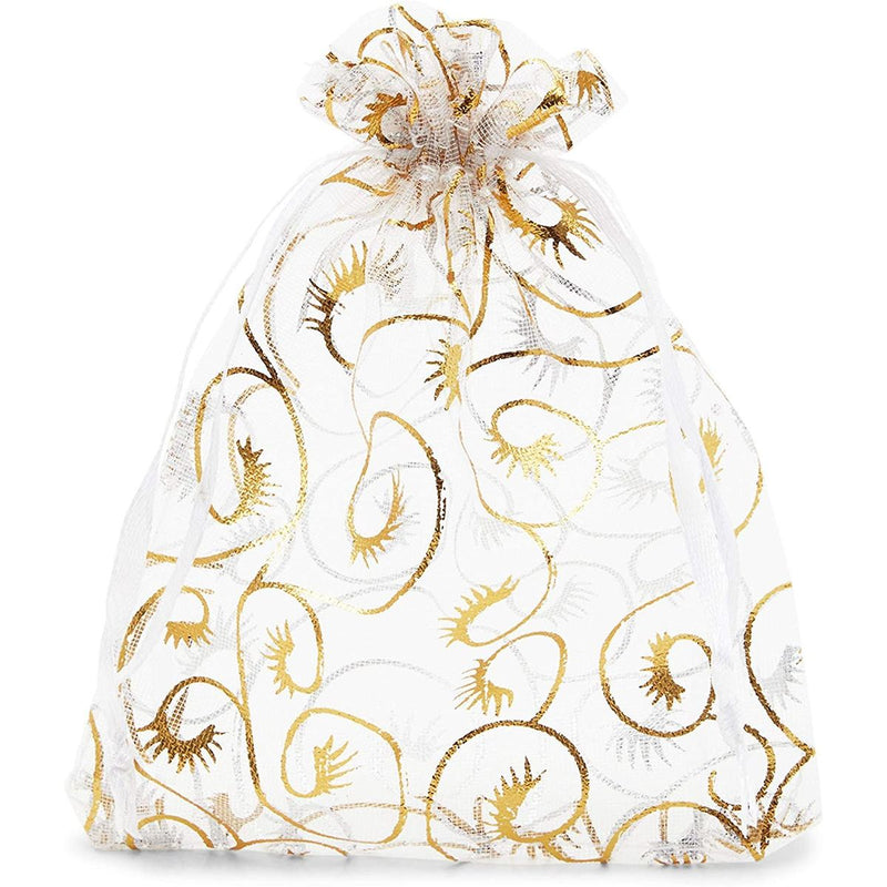 Gold Foil Organza Drawstring Gift Bag Pouch, Eyelash Design (3.5 x 4.75 in, 120 Pack)