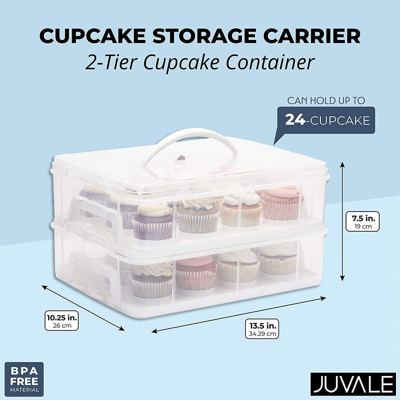 2 Tier Cupcake Carrier for 24 Cupcakes, Transport Container with Lid for Muffins (13.5 x 10.25 x 7.5 In)