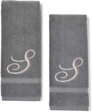 2 Pack Letter S Monogrammed Hand Towels, Gray Cotton Hand Towels with Silver Embroidered Initial S for Wedding Gift, Bridal Shower, Baby Shower, Anniversary (16 x 30 Inches)