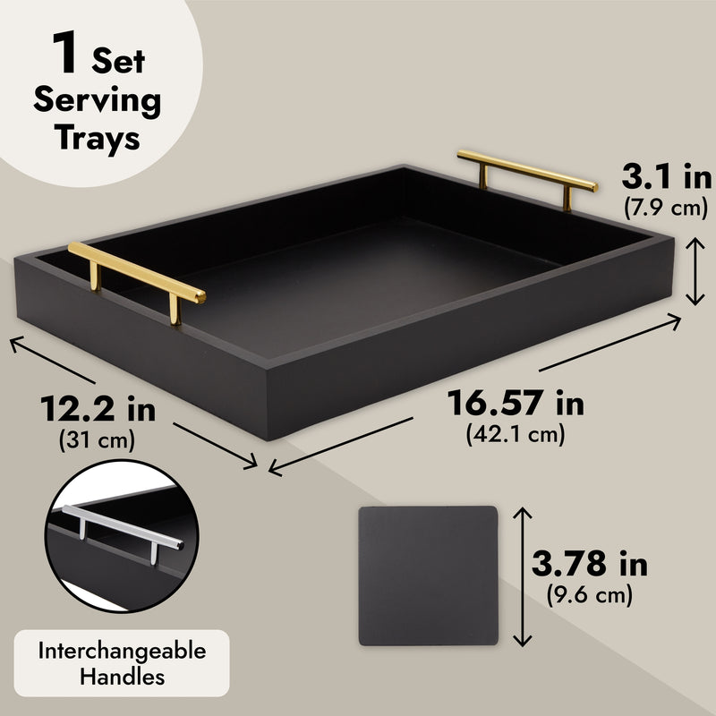 Black Serving Tray for Coffee Table, 16x12" with Coasters, Decorative Interchangeable Gold and Silver Handles