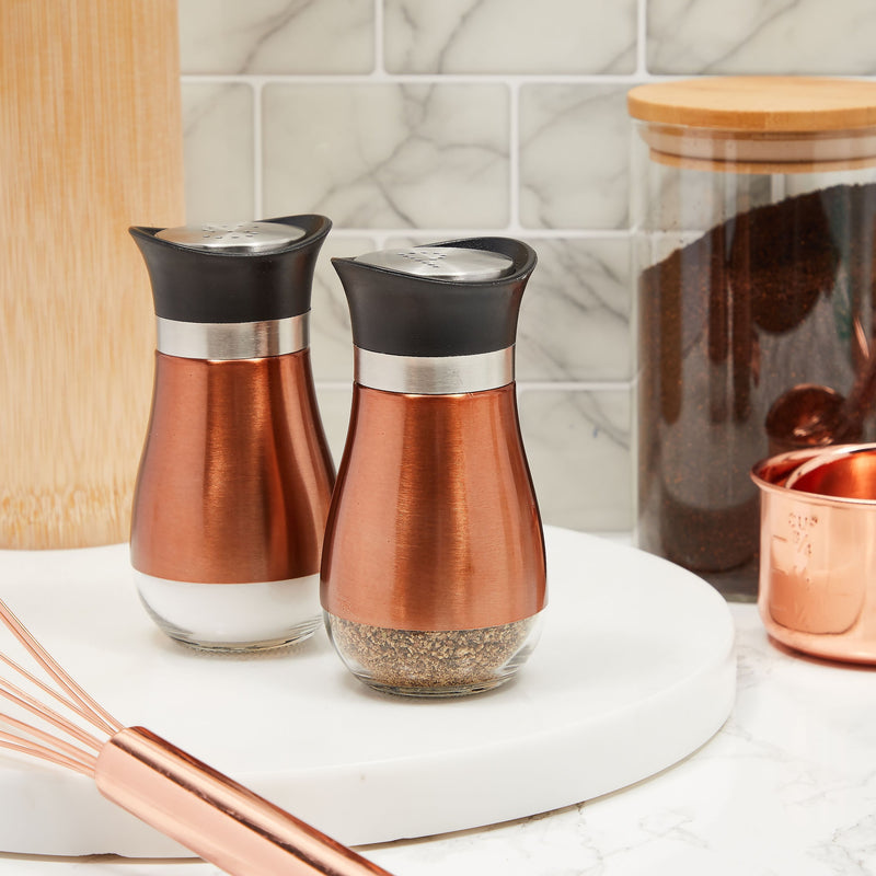 Stainless Steel Copper Salt and Pepper Shakers Set with Glass Bottom, Screw-Off Caps, Perforated "S" and "P" Designs for Kitchen (4oz)