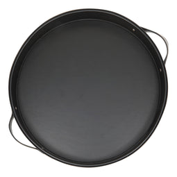 Faux Leather Round Serving Tray with Handles for Coffee Table and Ottoman (Black, 14.5 x 2 In)