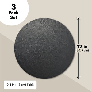 3 Pack 12 Inch Cake Boards for Wedding, Baking, Decorating, 0.5" Thick Foil Corrugated Cardboard for Multi-Layer Treats (Black)