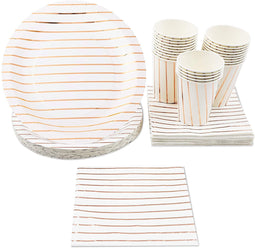 Rose Gold Stripe Design Party Bundle, Includes Plates, Napkins, and Cups (24 Guests, 72 Pieces)