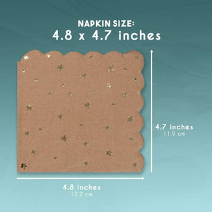 Cocktail Napkins - 50-Pack Disposable Kraft Paper Napkins, Rustic Holiday, Wedding, Birthday Party Supplies, Metallic Gold Foil Stars and Scalloped Edge Design, 3-Ply, Brown, Folded 4.8 x 4.7 Inches