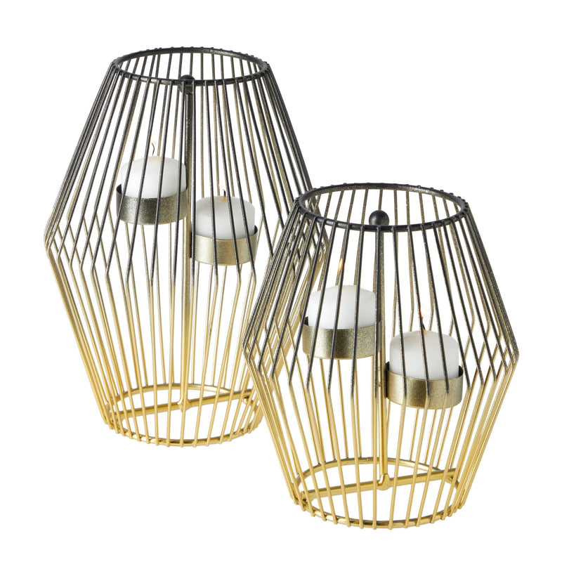 2 Piece Diamond Shaped Metal Tealight Candle Holder Centerpiece, 2-Tone Gold and Black Candle Holders (2 Sizes)