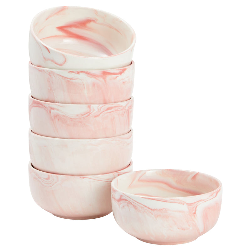 Set of 6 Porcelain Pasta Bowls, Pink Marble Design Dinnerware for Salad and Soup (6 x 3 In, 28 oz)